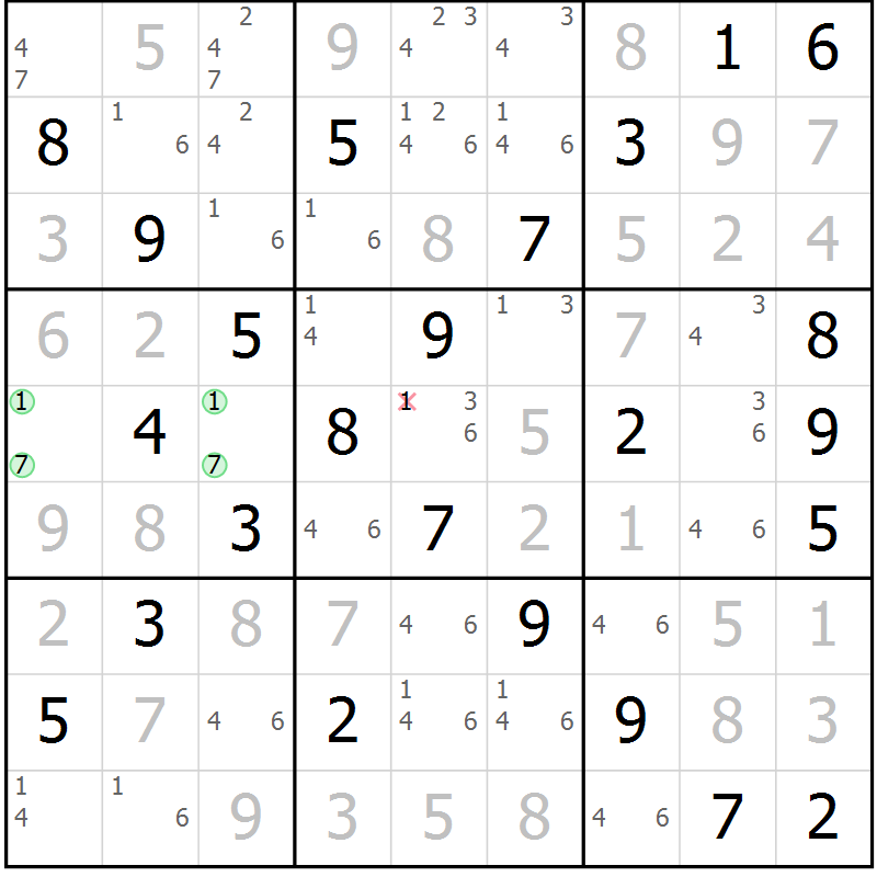 Position des candidats pour la solution de la Gr 24 page 27 du magazine de sudoku Virtuose n° 125