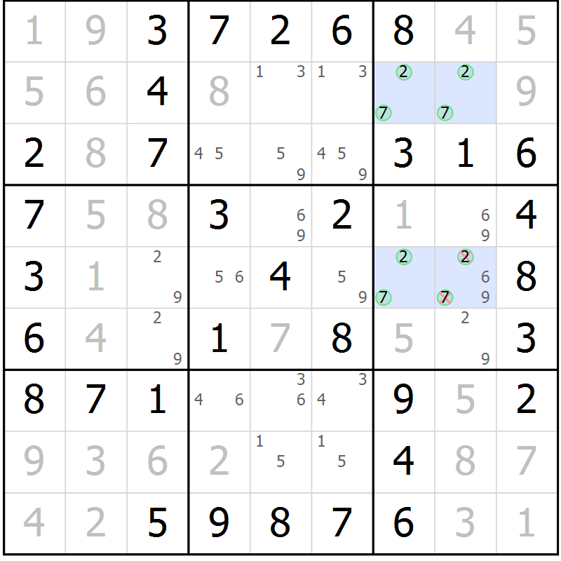 Position des candidats pour la solution de la Gr 25 page 28 du magazine de sudoku Virtuose n° 125