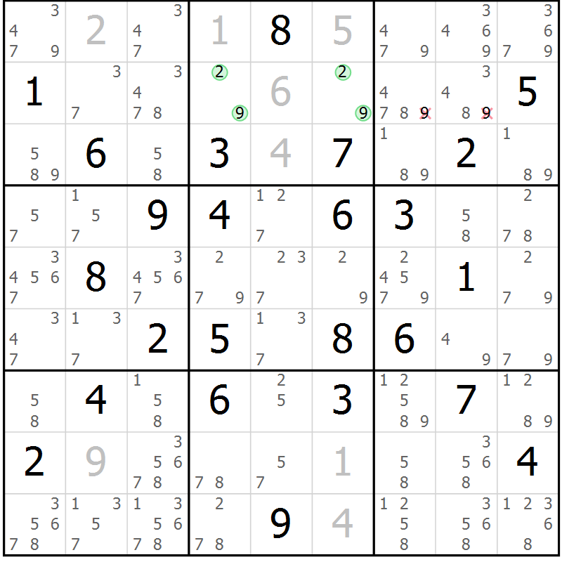 Position des candidats pour la solution de la Gr 28 page 31 du magazine de sudoku Virtuose n° 125