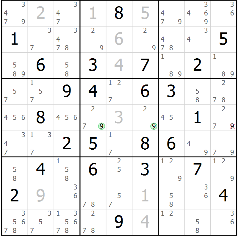 Position des candidats pour la solution de la Gr 28 page 31 du magazine de sudoku Virtuose n° 125