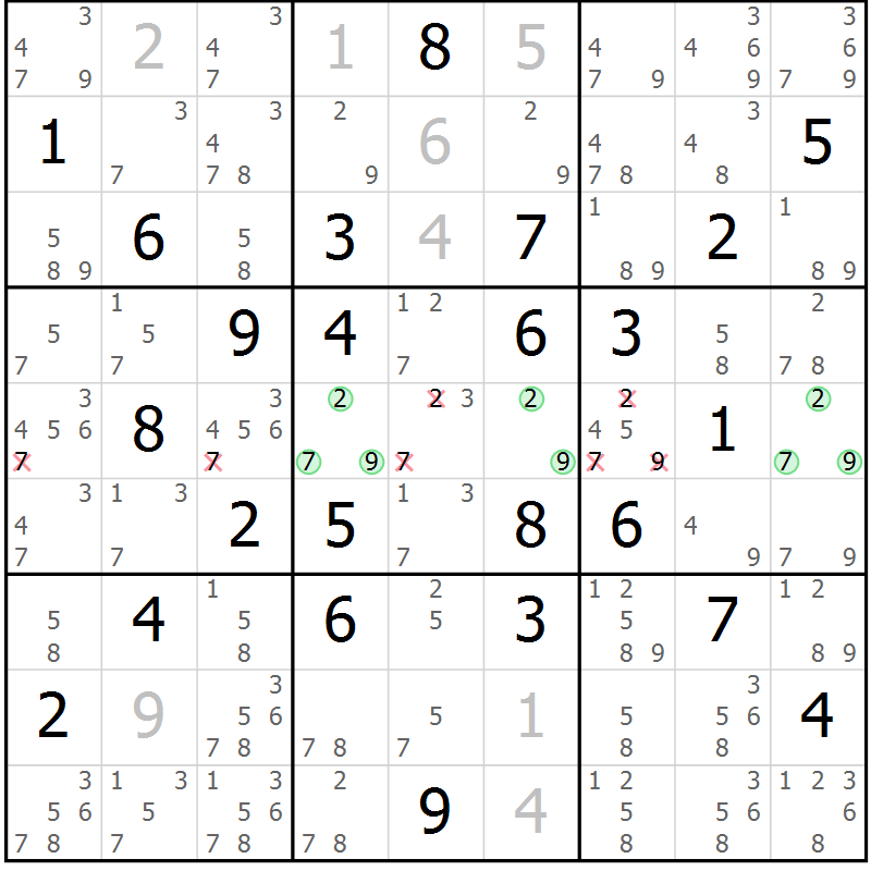 Position des candidats pour la solution de la Gr 28 page 31 du magazine de sudoku Virtuose n° 125