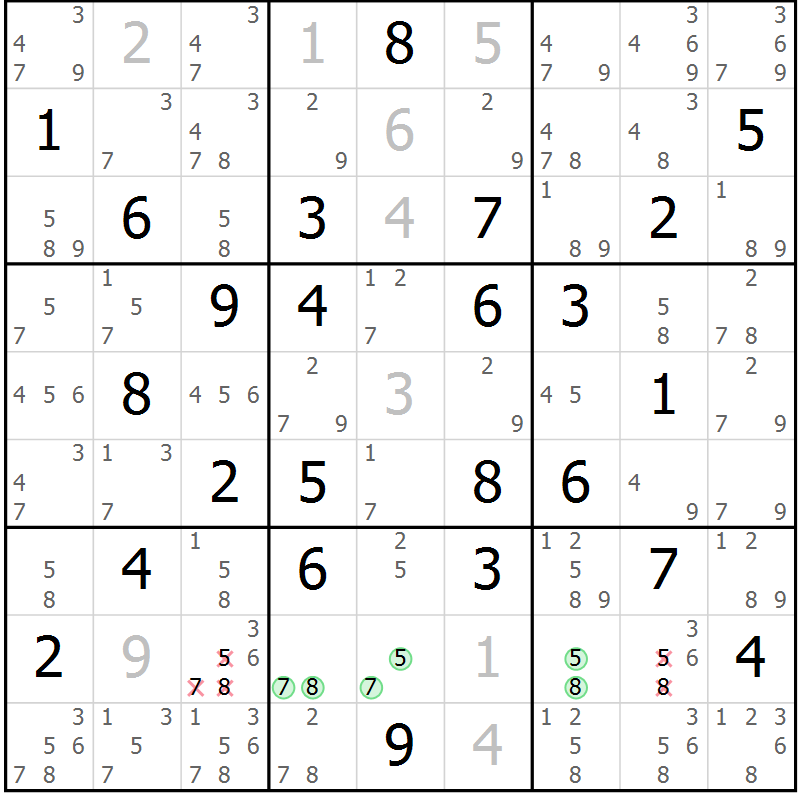 Position des candidats pour la solution de la Gr 28 page 31 du magazine de sudoku Virtuose n° 125