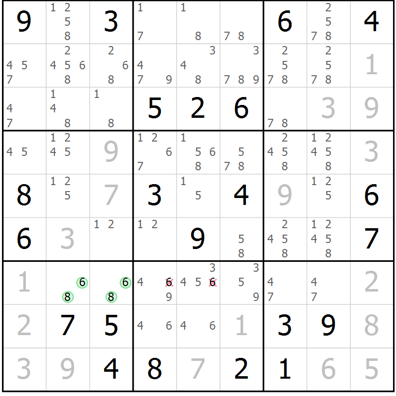 Position des candidats pour la solution de la Gr 3 page 6 du magazine de sudoku Virtuose n° 125