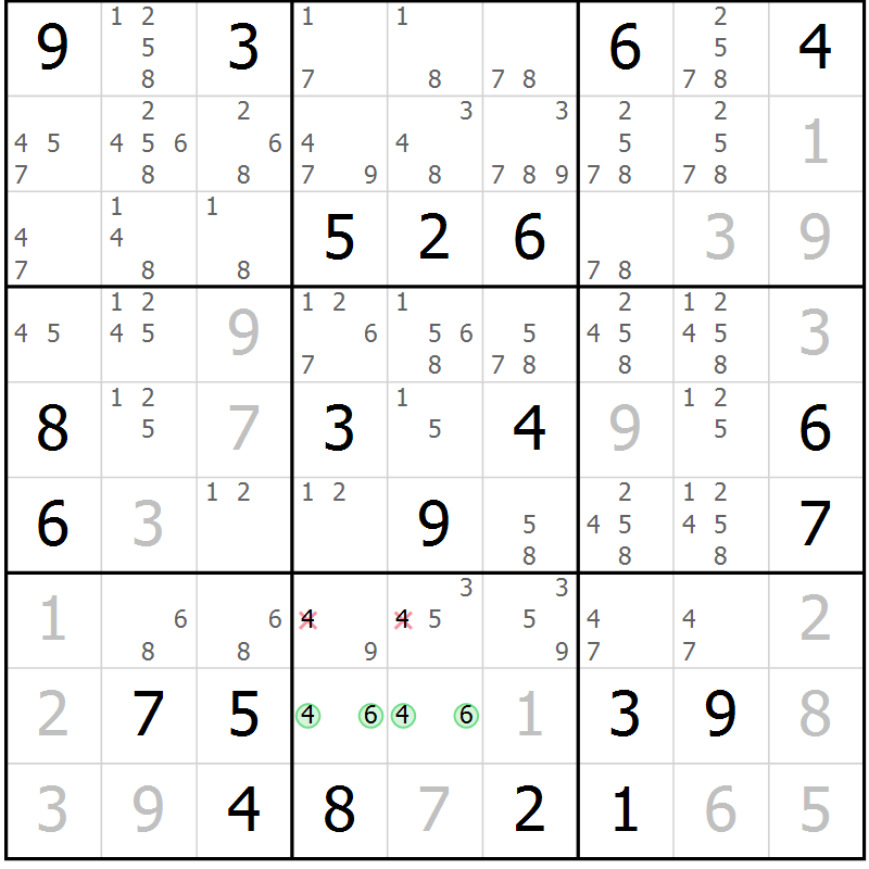 Position des candidats pour la solution de la Gr 3 page 6 du magazine de sudoku Virtuose n° 125