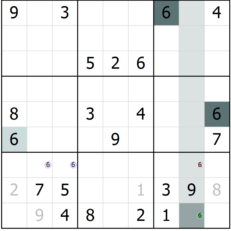 Position des candidats pour la solution de la Gr 3 page 6 du magazine de sudoku Virtuose n° 125