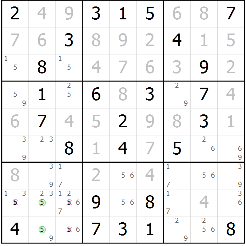 Position des candidats pour la solution de la Gr 33 page 36 du magazine de sudoku Virtuose n° 125