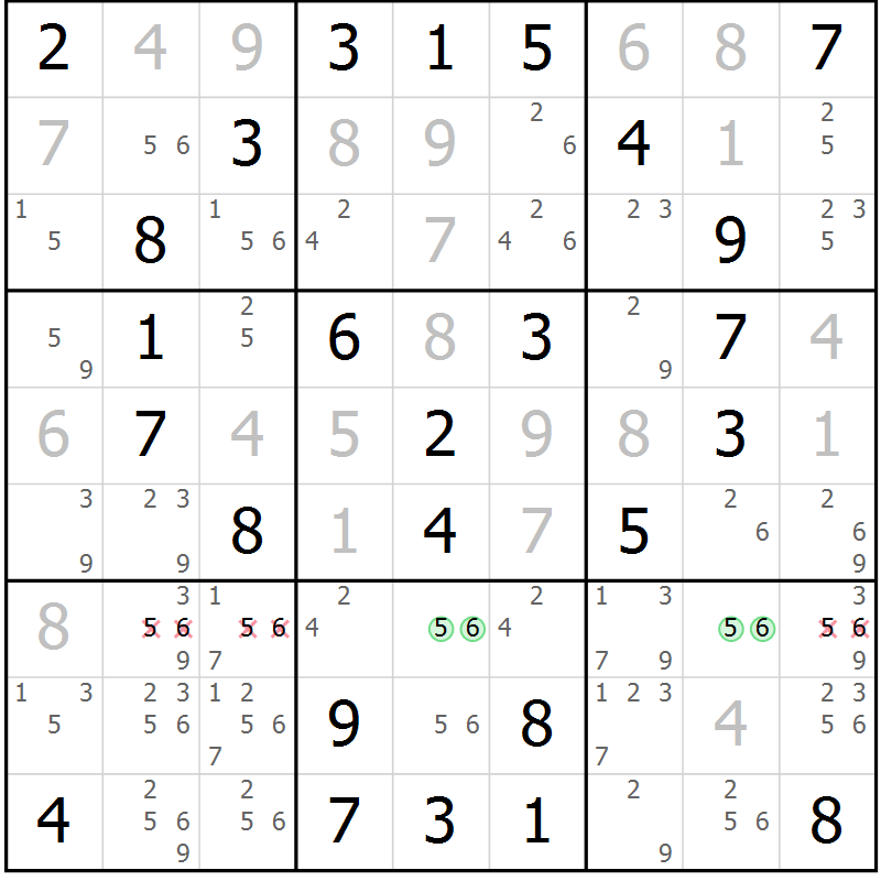 Position des candidats pour la solution de la Gr 33 page 36 du magazine de sudoku Virtuose n° 125