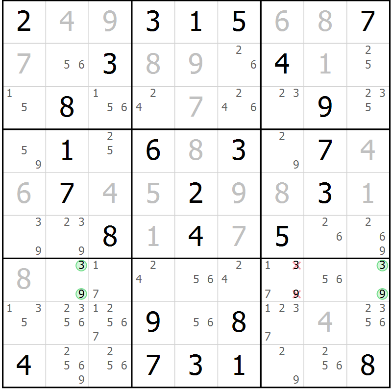 Position des candidats pour la solution de la Gr 33 page 36 du magazine de sudoku Virtuose n° 125