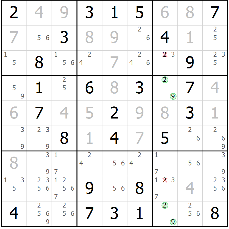 Position des candidats pour la solution de la Gr 33 page 36 du magazine de sudoku Virtuose n° 125