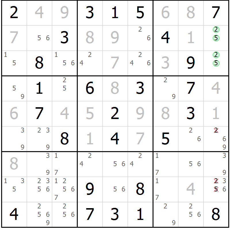 Position des candidats pour la solution de la Gr 33 page 36 du magazine de sudoku Virtuose n° 125