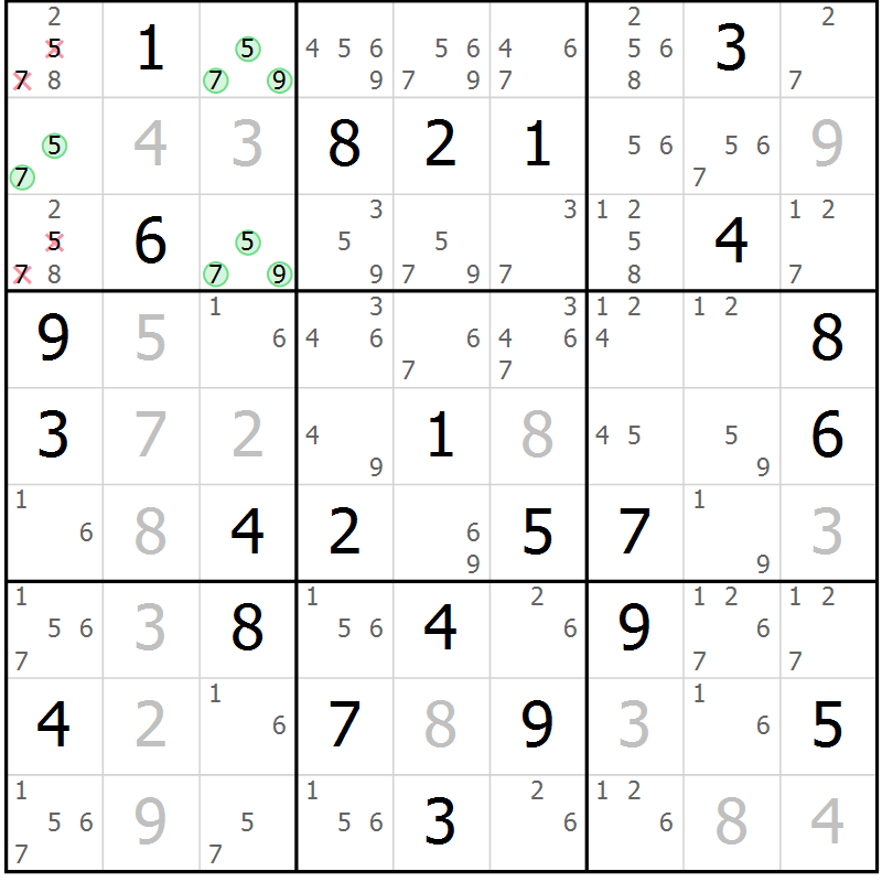 Position des candidats pour la solution de la Gr 35 page 38 du magazine de sudoku Virtuose n° 125