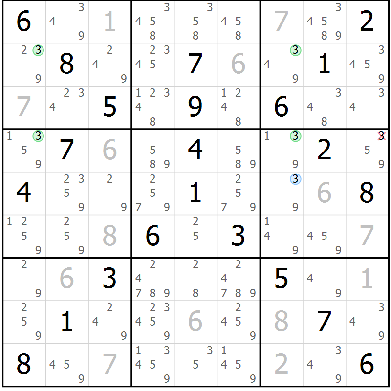 Position des candidats pour la solution de la Gr 39 page 42 du magazine de sudoku Virtuose n° 125