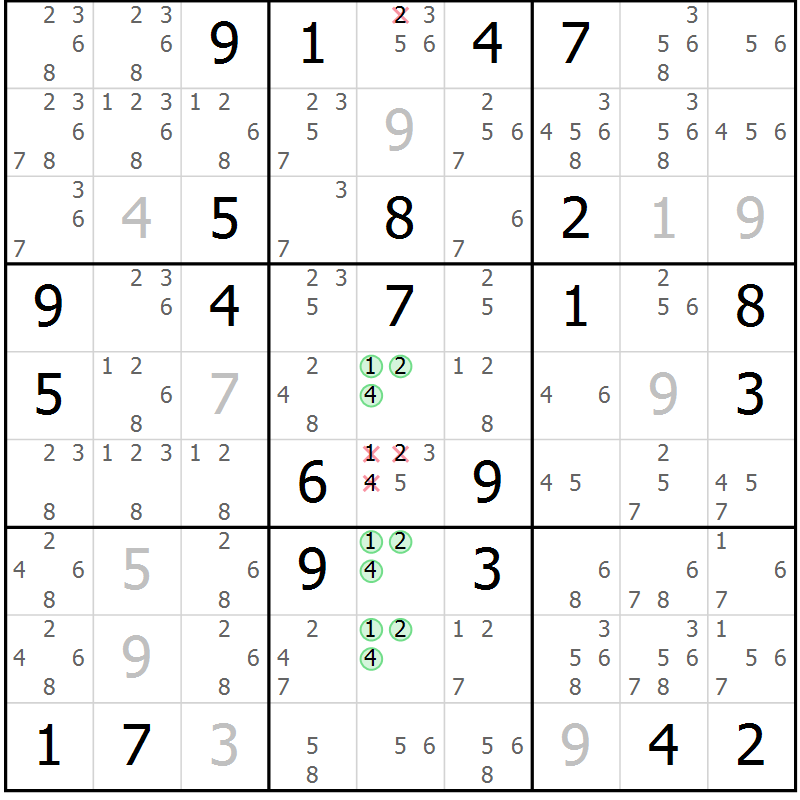 Position des candidats pour la solution de la Gr 4 page 7 du magazine de sudoku Virtuose n° 125