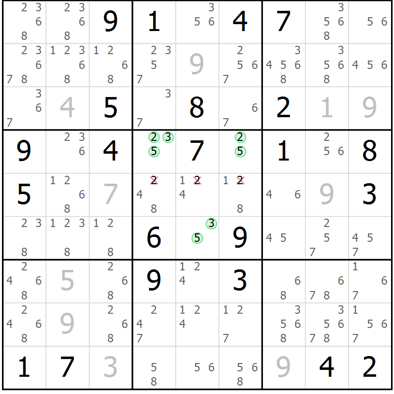 Position des candidats pour la solution de la Gr 4 page 7 du magazine de sudoku Virtuose n° 125