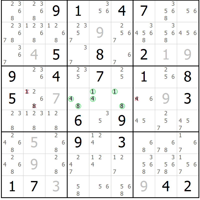 Position des candidats pour la solution de la Gr 4 page 7 du magazine de sudoku Virtuose n° 125