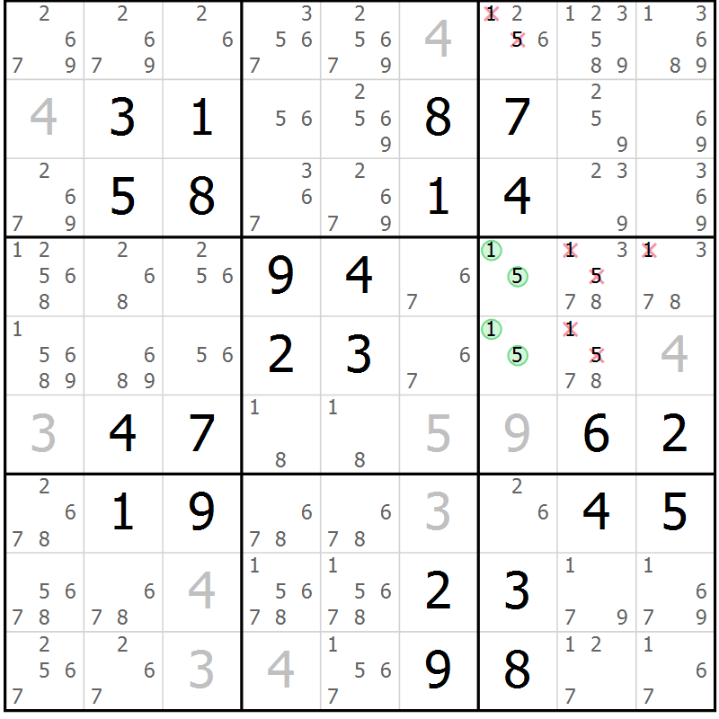 Position des candidats pour la solution de la Gr 40 page 43 du magazine de sudoku Virtuose n° 125