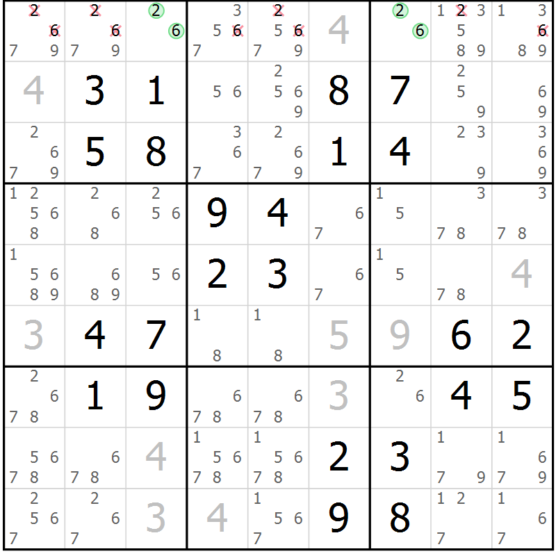 Position des candidats pour la solution de la Gr 40 page 43 du magazine de sudoku Virtuose n° 125