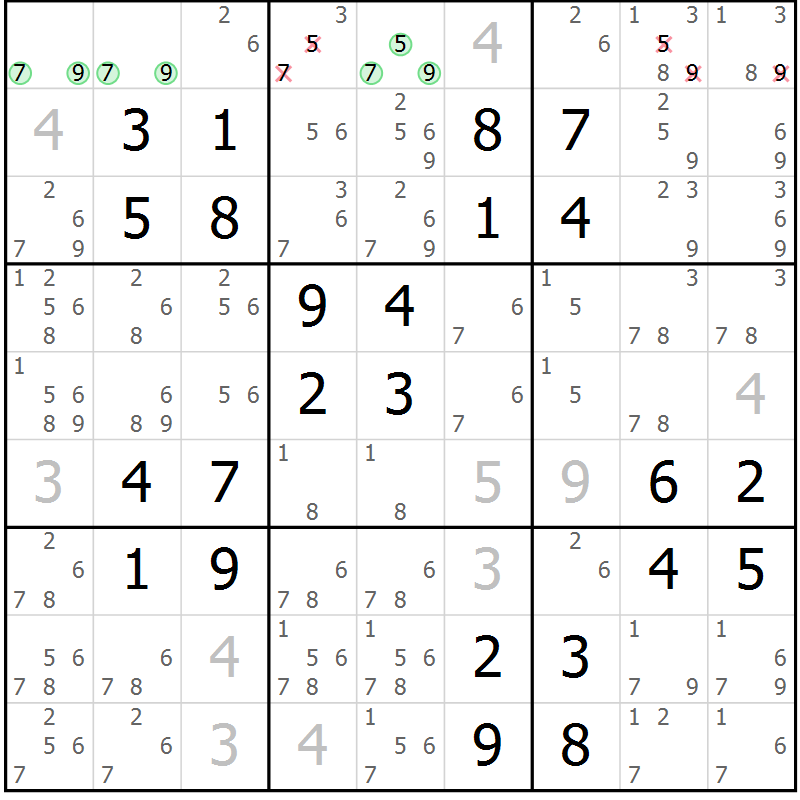 Position des candidats pour la solution de la Gr 40 page 43 du magazine de sudoku Virtuose n° 125