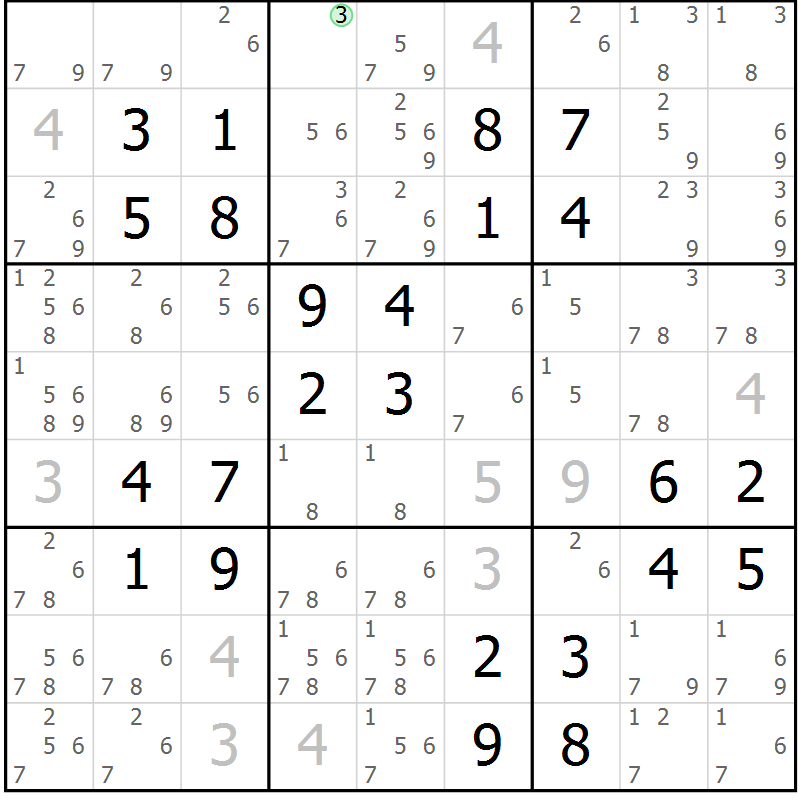 Position des candidats pour la solution de la Gr 40 page 43 du magazine de sudoku Virtuose n° 125