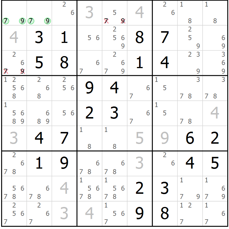 Position des candidats pour la solution de la Gr 40 page 43 du magazine de sudoku Virtuose n° 125