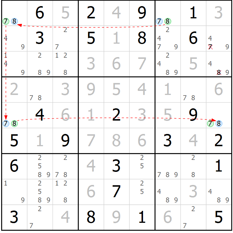 Position des candidats pour la solution de la Gr 41 page 44 du magazine de sudoku Virtuose n° 125