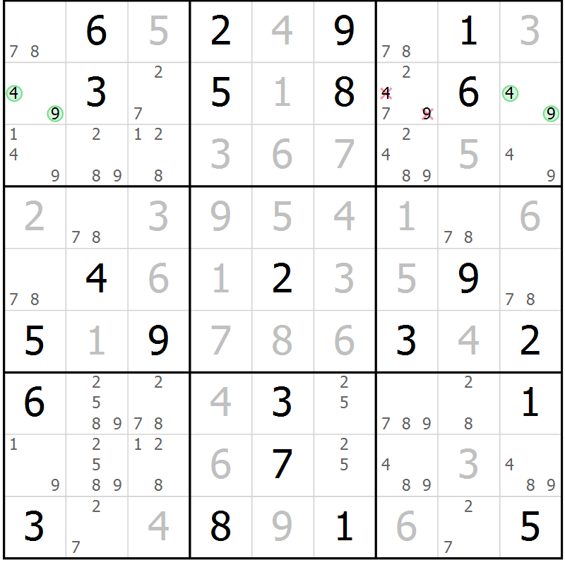 Position des candidats pour la solution de la Gr 41 page 44 du magazine de sudoku Virtuose n° 125