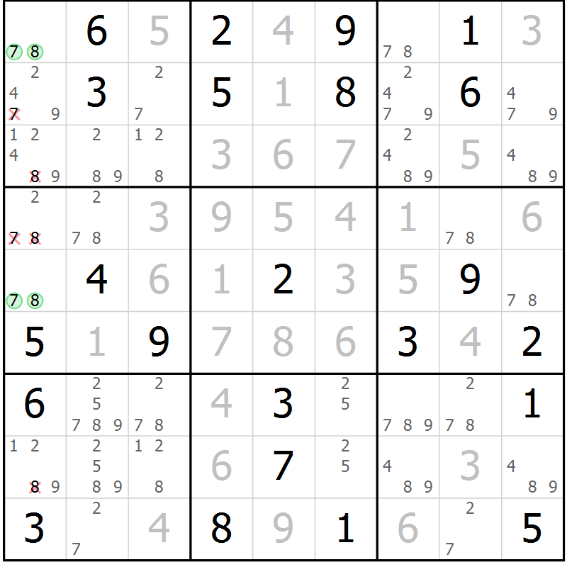 Position des candidats pour la solution de la Gr 41 page 44 du magazine de sudoku Virtuose n° 125