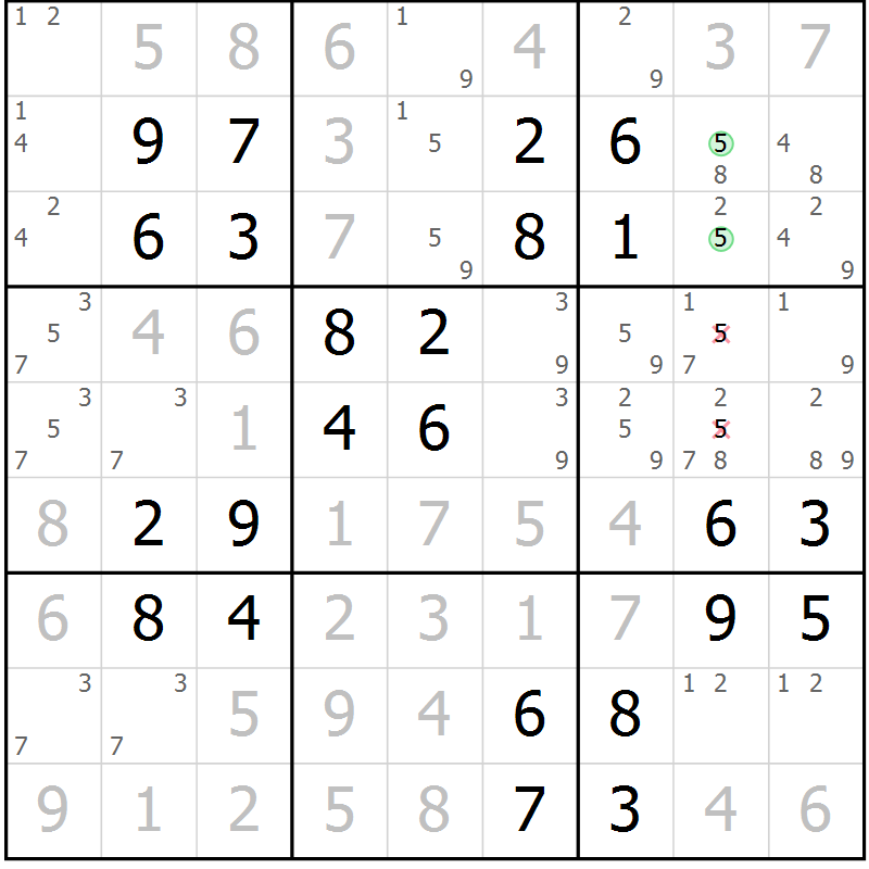 Position des candidats pour la solution de la Gr 42 page 45 du magazine de sudoku Virtuose n° 125