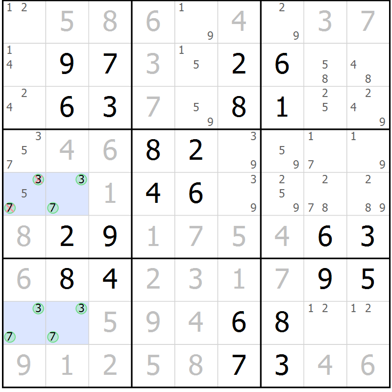 Position des candidats pour la solution de la Gr 42 page 45 du magazine de sudoku Virtuose n° 125
