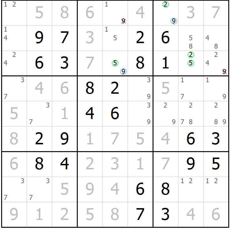 Position des candidats pour la solution de la Gr 42 page 45 du magazine de sudoku Virtuose n° 125