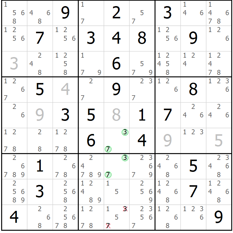 Position des candidats pour la solution de la Gr 43 page 46 du magazine de sudoku Virtuose n° 125