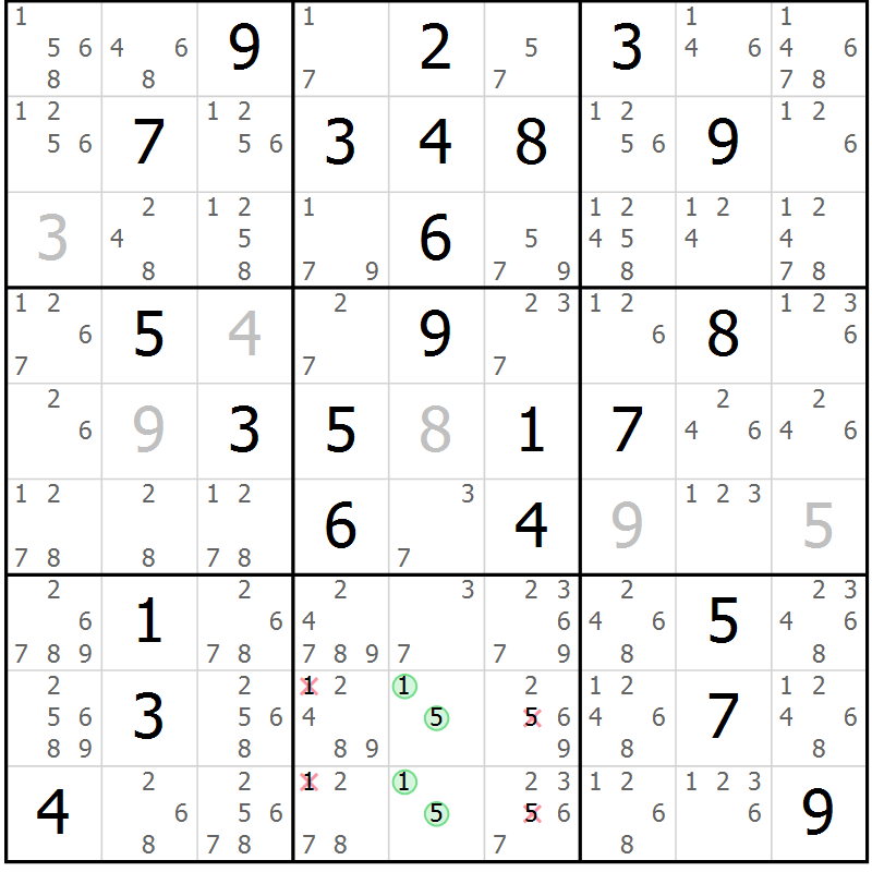 Position des candidats pour la solution de la Gr 43 page 46 du magazine de sudoku Virtuose n° 125