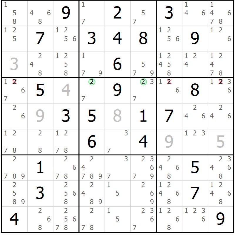 Position des candidats pour la solution de la Gr 43 page 46 du magazine de sudoku Virtuose n° 125