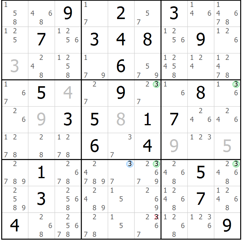 Position des candidats pour la solution de la Gr 43 page 46 du magazine de sudoku Virtuose n° 125
