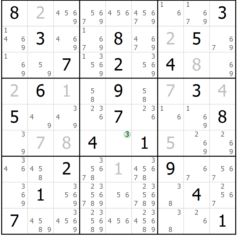 Position des candidats pour la solution de la Gr 44 page 47 du magazine de sudoku Virtuose n° 125