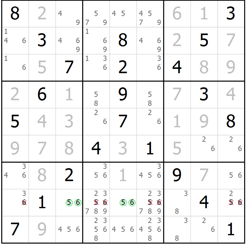 Position des candidats pour la solution de la Gr 44 page 47 du magazine de sudoku Virtuose n° 125