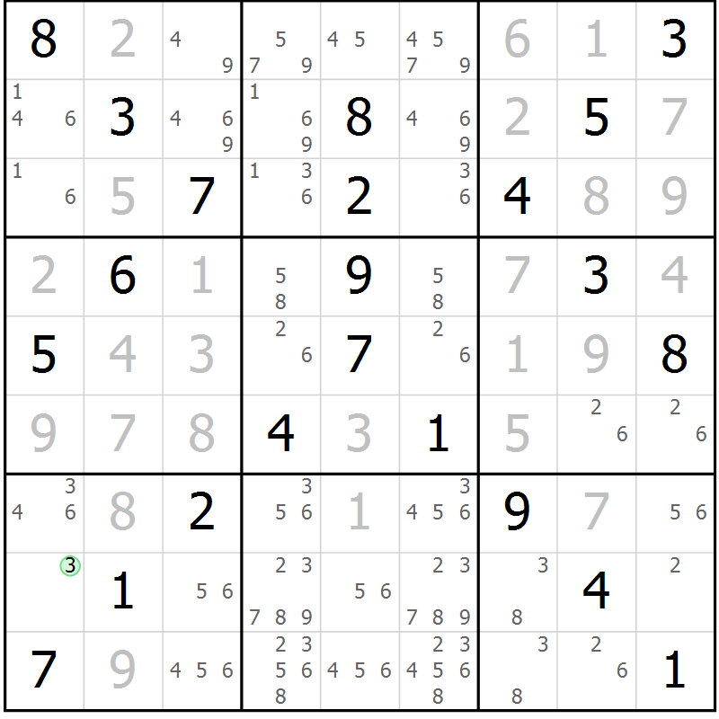 Position des candidats pour la solution de la Gr 44 page 47 du magazine de sudoku Virtuose n° 125