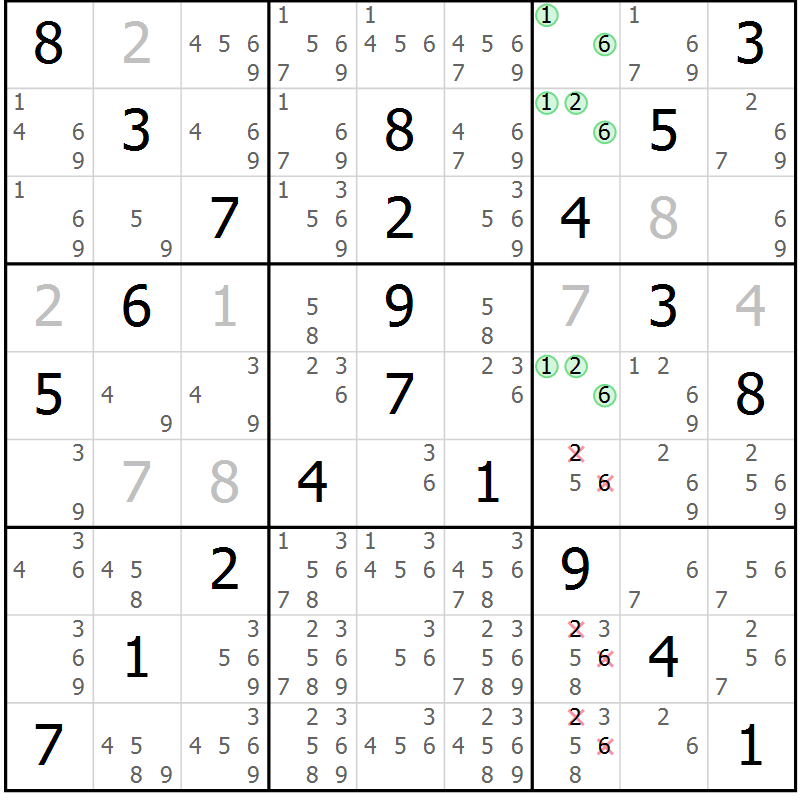 Position des candidats pour la solution de la Gr 44 page 47 du magazine de sudoku Virtuose n° 125