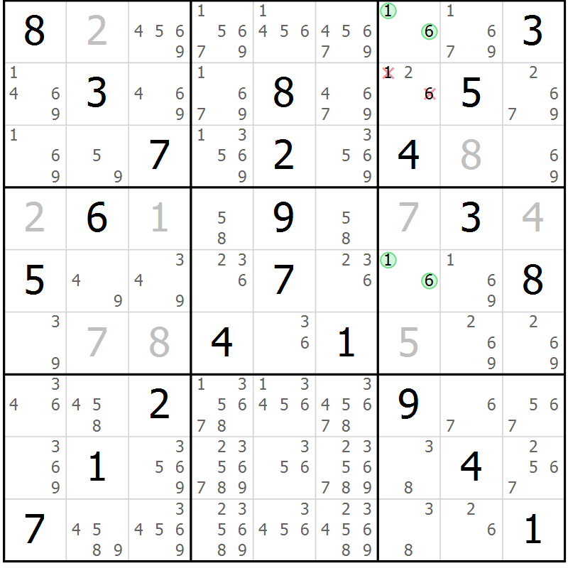 Position des candidats pour la solution de la Gr 44 page 47 du magazine de sudoku Virtuose n° 125