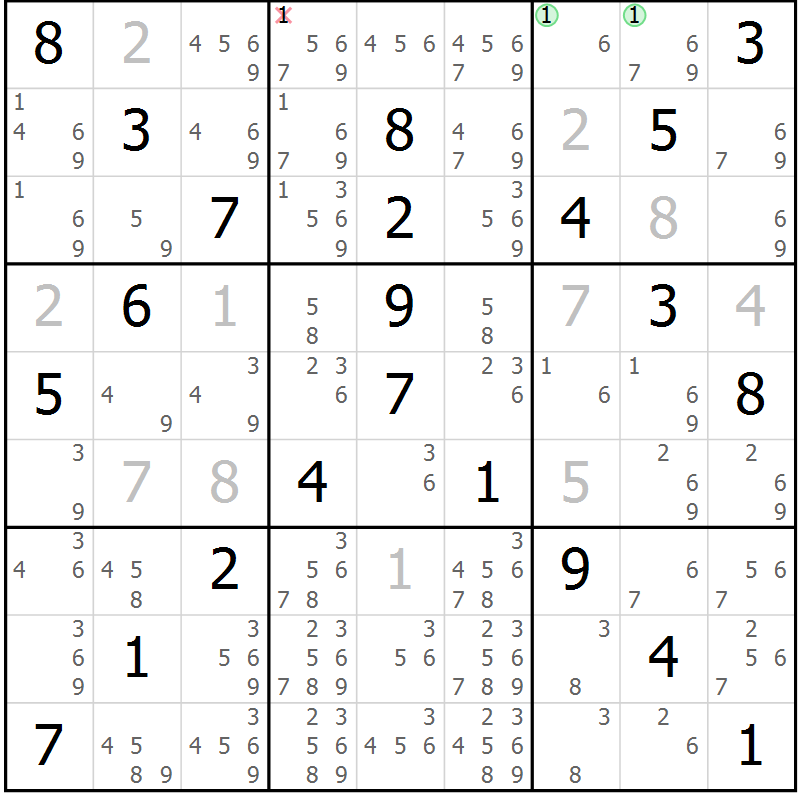 Position des candidats pour la solution de la Gr 44 page 47 du magazine de sudoku Virtuose n° 125