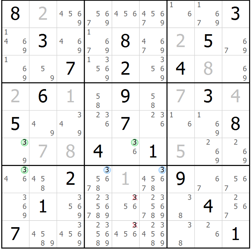 Position des candidats pour la solution de la Gr 44 page 47 du magazine de sudoku Virtuose n° 125