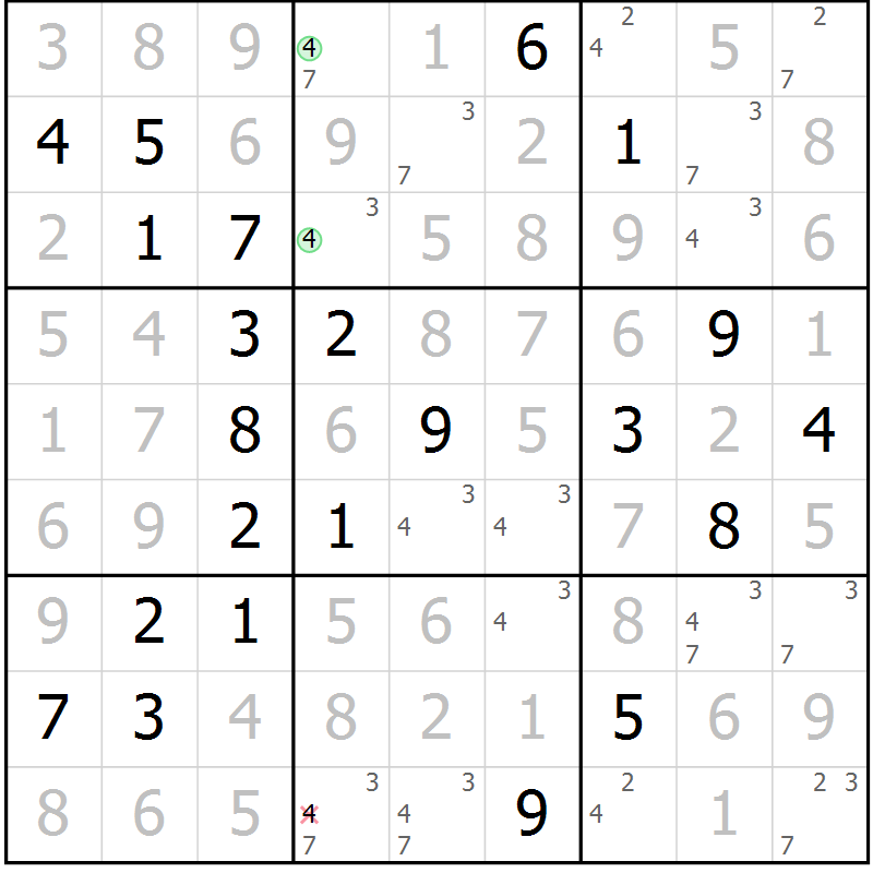 Position des candidats pour la solution de la Gr 45 page 48 du magazine de sudoku Virtuose n° 125