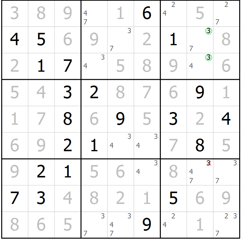 Position des candidats pour la solution de la Gr 45 page 48 du magazine de sudoku Virtuose n° 125