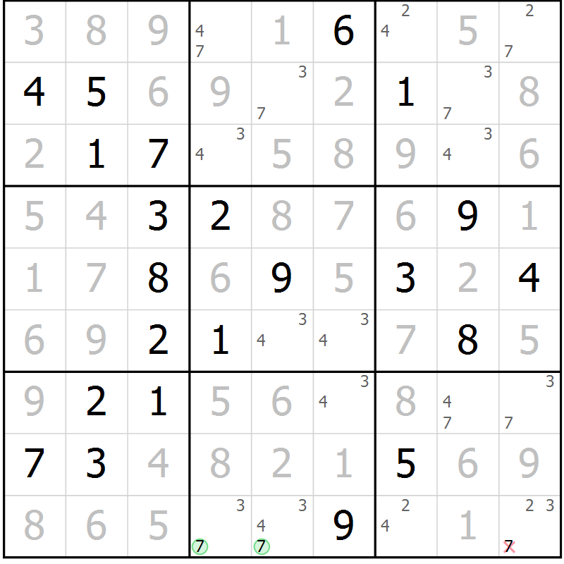 Position des candidats pour la solution de la Gr 45 page 48 du magazine de sudoku Virtuose n° 125