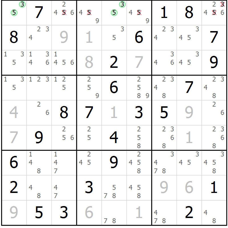Position des candidats pour la solution de la Gr 46 page 49 du magazine de sudoku Virtuose n° 125
