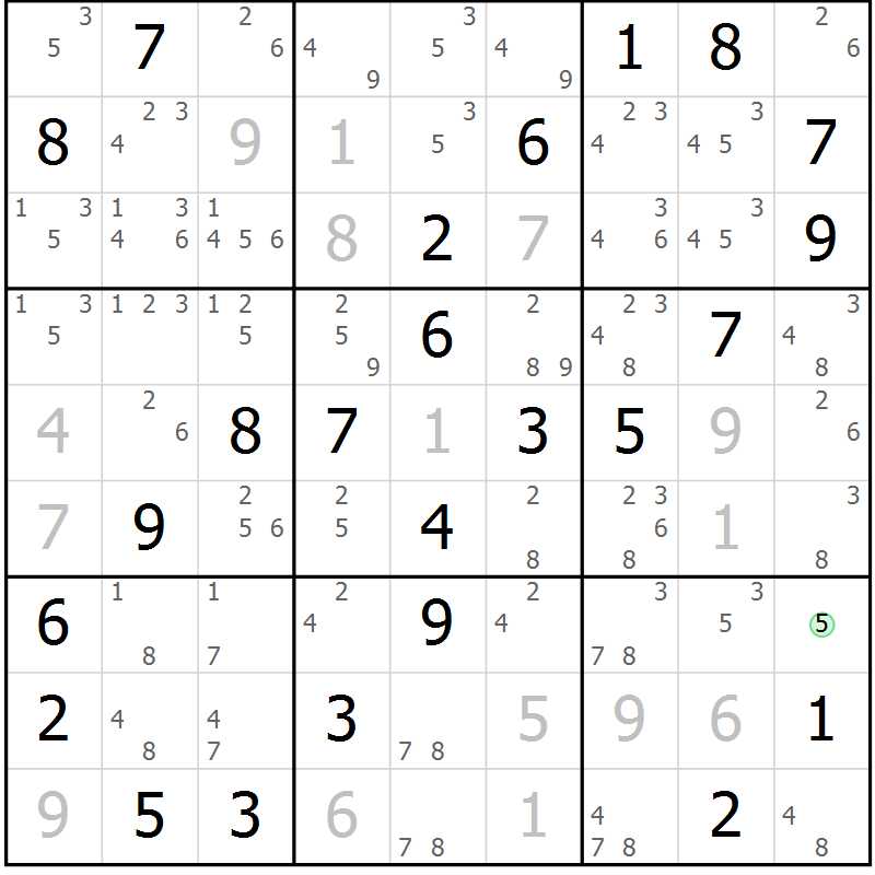 Position des candidats pour la solution de la Gr 46 page 49 du magazine de sudoku Virtuose n° 125