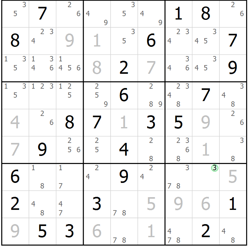 Position des candidats pour la solution de la Gr 46 page 49 du magazine de sudoku Virtuose n° 125