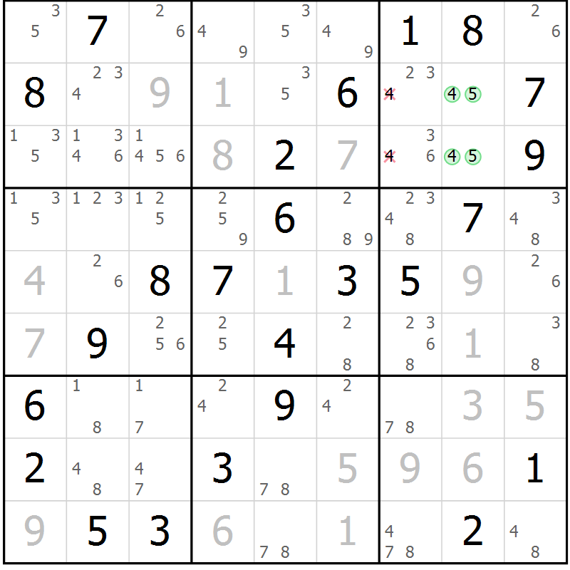 Position des candidats pour la solution de la Gr 46 page 49 du magazine de sudoku Virtuose n° 125