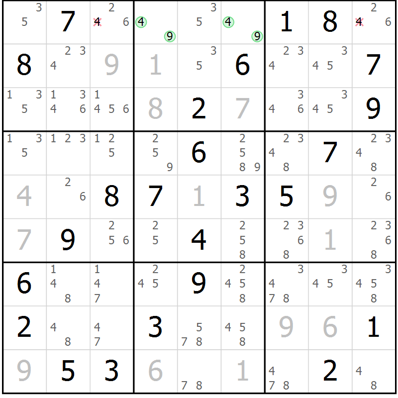 Position des candidats pour la solution de la Gr 46 page 49 du magazine de sudoku Virtuose n° 125