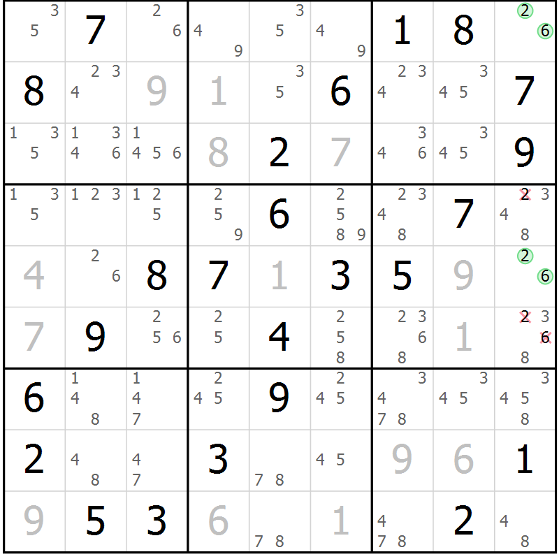 Position des candidats pour la solution de la Gr 46 page 49 du magazine de sudoku Virtuose n° 125